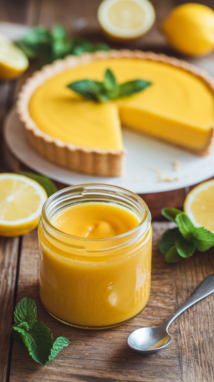 A jar of homemade lemon curd with a spoon, alongside a slice of lemon custard tart and fresh lemons.